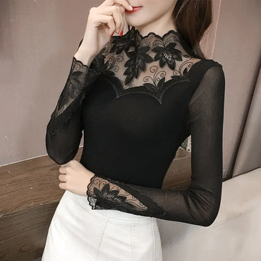 Mesh Lace Embroidered Long Sleeve Top – Sheer Gauze Women's T-Shirt