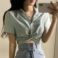 Turn-Down Collar Short Sleeve Slim Blouse – Korean Ulzzang Women's Casual Top