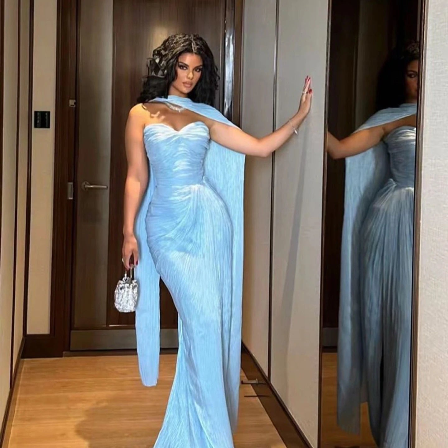 Sharon Said Blue Sequined Mermaid Gown with Cape - Luxury Beaded Evening Dress