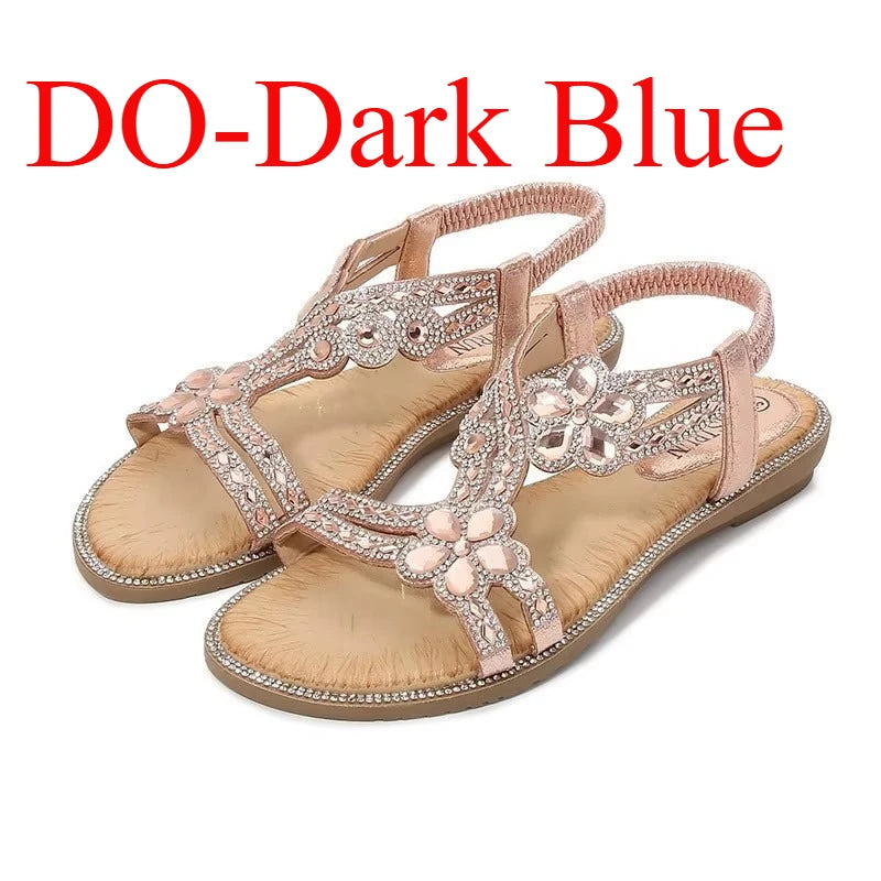 Women's Flower Diamond Flat Sandals - Cushioned Beach Slip-On Sandals