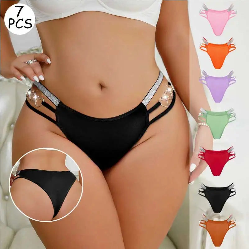Black Shimmer Strap T-Back Thong – Heart Metal Ring Double Band Low-Rise Panties