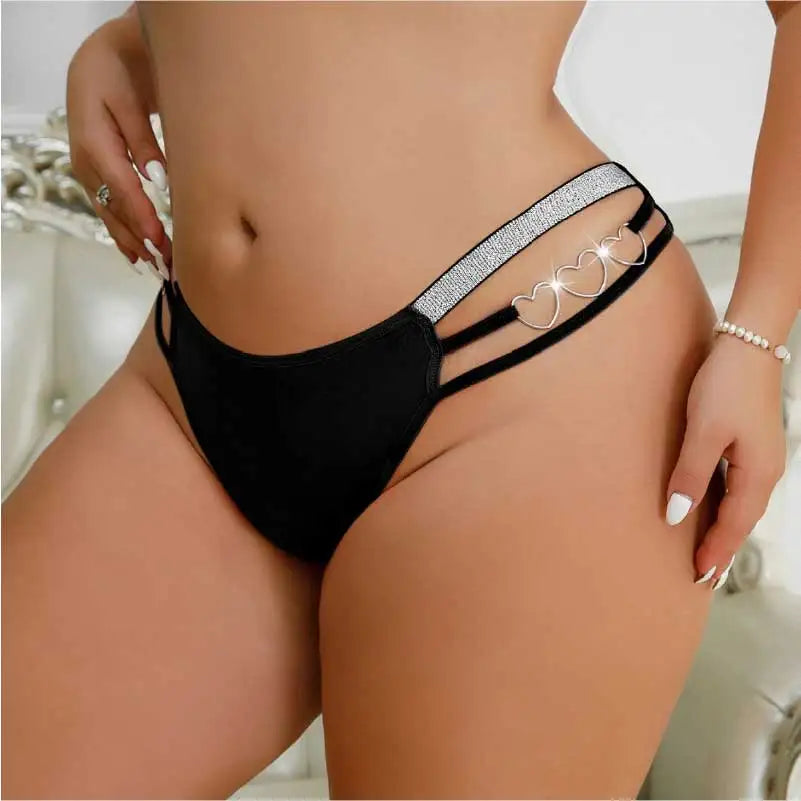 Black Shimmer Strap T-Back Thong – Heart Metal Ring Double Band Low-Rise Panties