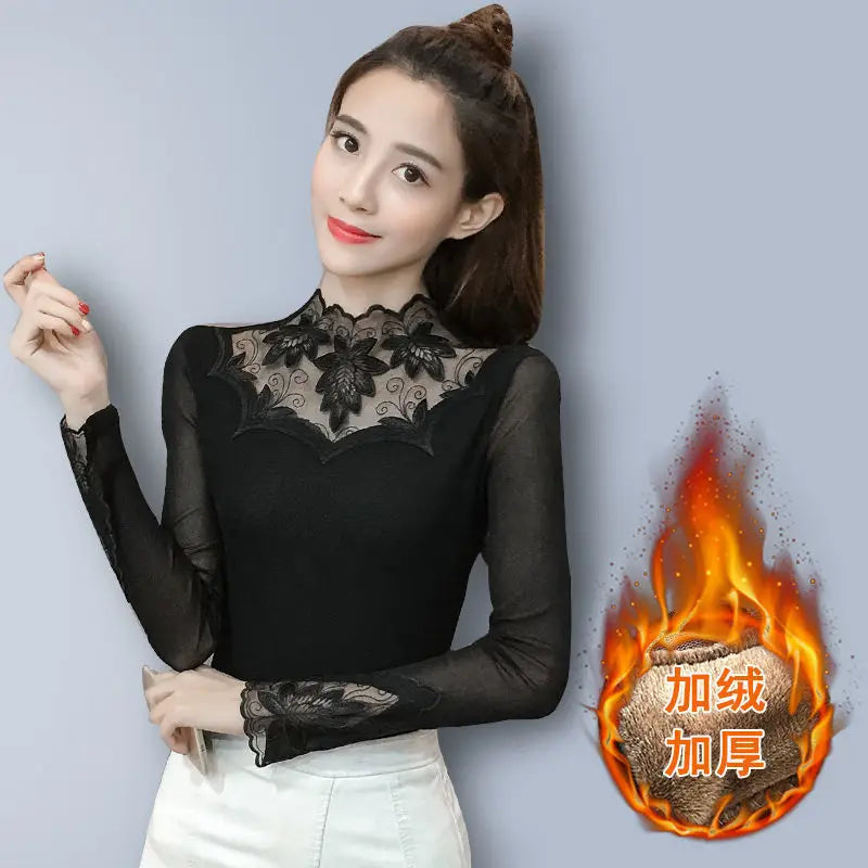 Mesh Lace Embroidered Long Sleeve Top – Sheer Gauze Women's T-Shirt