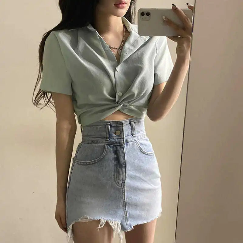 Turn-Down Collar Short Sleeve Slim Blouse – Korean Ulzzang Women's Casual Top