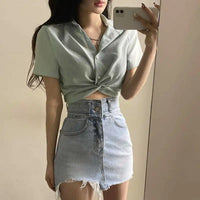 Turn-Down Collar Short Sleeve Slim Blouse – Korean Ulzzang Women's Casual Top