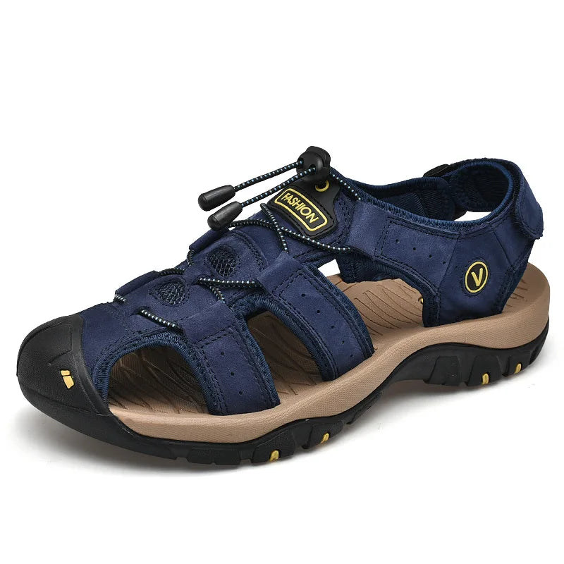 Men's Genuine Leather Outdoor Sandals - Closed-Toe Breathable Summer Shoes