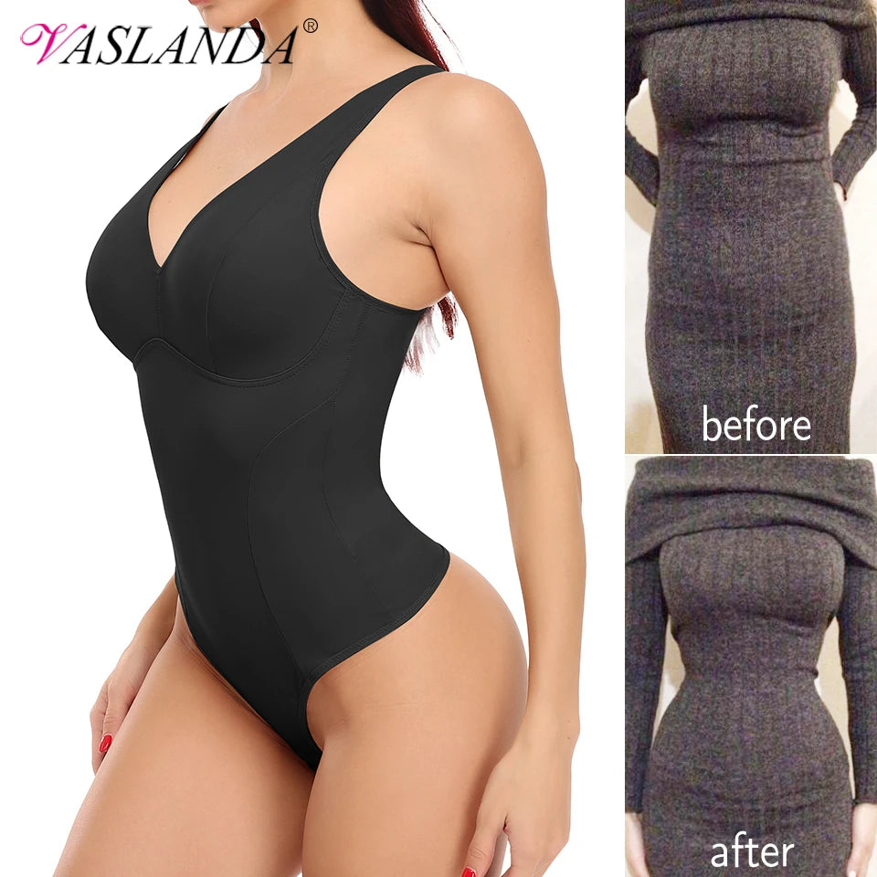 Shapewear Bodysuit for Women - Deep V Neck Waist Trainer with Built-in Bra
