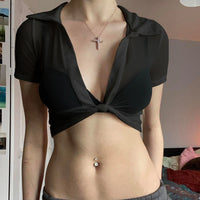 Sheer Mesh Twist Front Deep V Crop Top – Sexy Slim Fit Short Sleeve Club Top