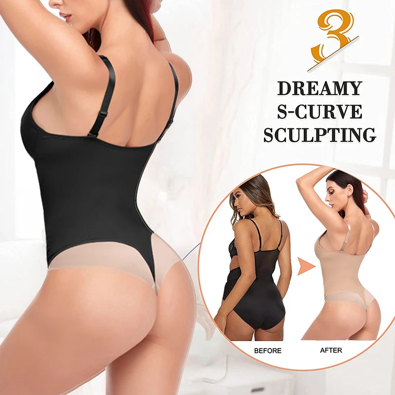 Women's Shapewear Bodysuit - V Neck Waist Trainer with Thong Design