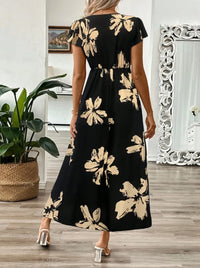 Deep V-Neck Printed Maxi Dress | Sexy Slim High Waist Short Sleeve Women's Summer Dress