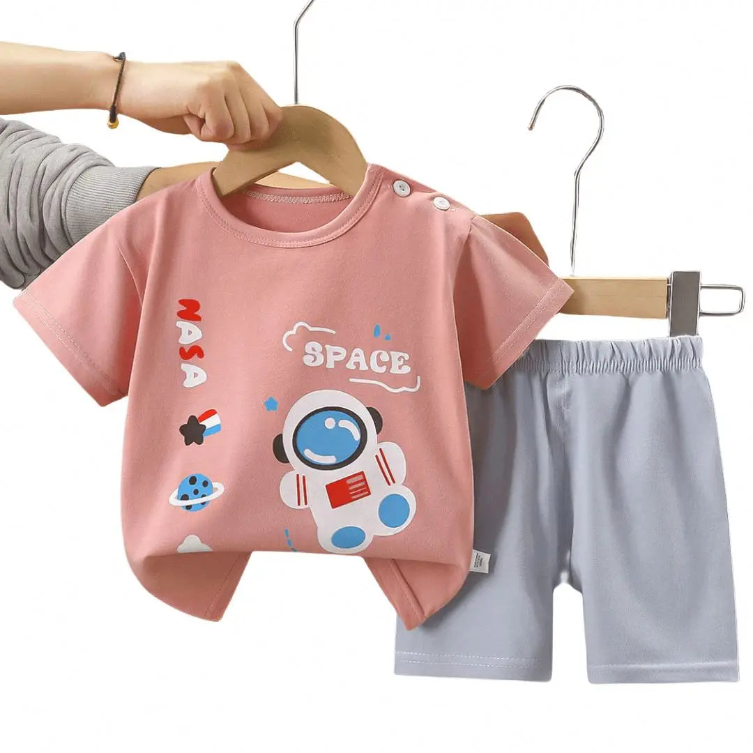Girls Cotton Pajama Set - Cartoon Print Summer Sleepwear