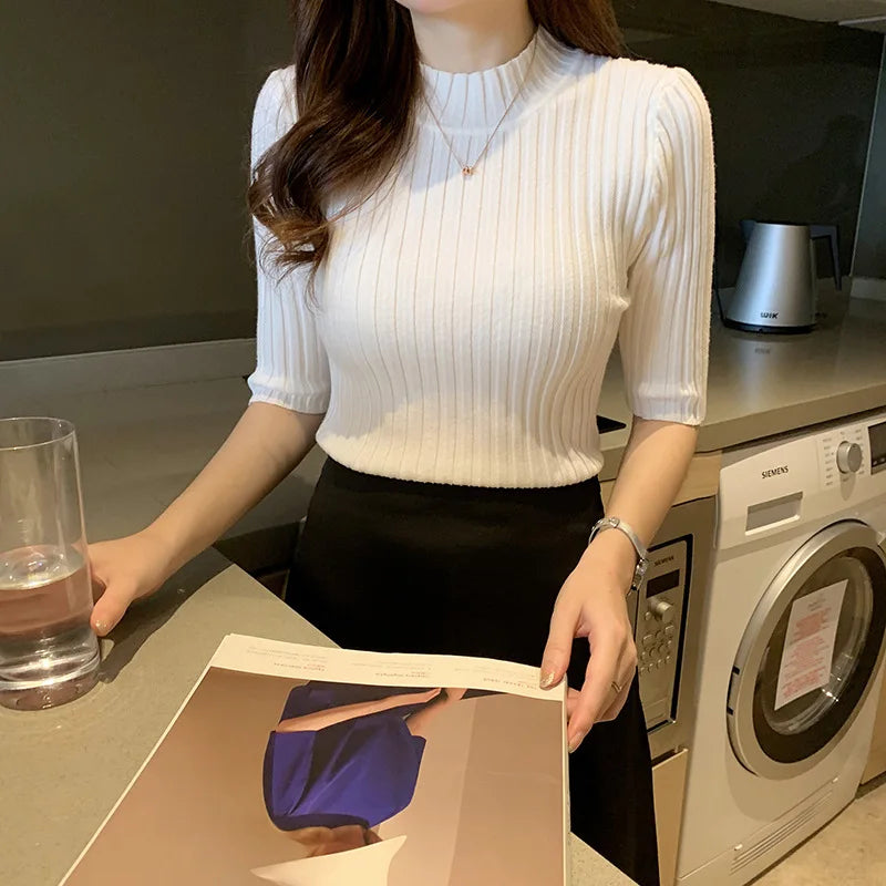 Striped Half Sleeve Turtleneck Sweater – Casual Streetwear Women's Pullover