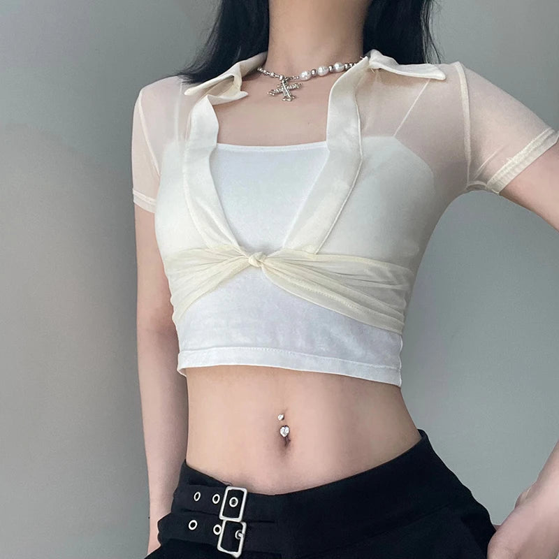 Sheer Mesh Twist Front Deep V Crop Top – Sexy Slim Fit Short Sleeve Club Top