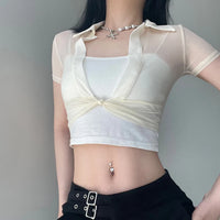 Sheer Mesh Twist Front Deep V Crop Top – Sexy Slim Fit Short Sleeve Club Top