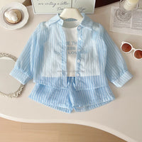Senchi Girls Summer 3-Piece Set - Striped Sunscreen Shirt, Vest & Shorts
