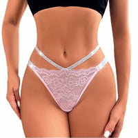 Sexy Lace Low-Rise Thong – Floral Hollow-Out Design with Silver Ribbon Detail