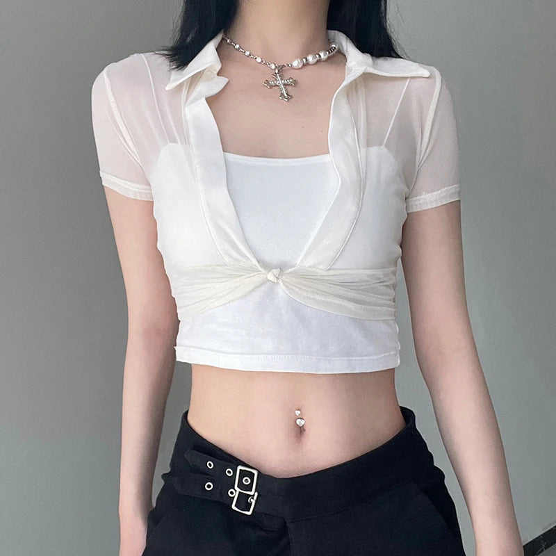 Sheer Mesh Twist Front Deep V Crop Top – Sexy Slim Fit Short Sleeve Club Top