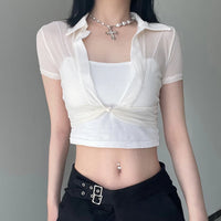 Sheer Mesh Twist Front Deep V Crop Top – Sexy Slim Fit Short Sleeve Club Top