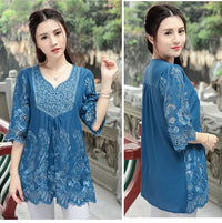 Vintage Embroidered Boho Blouse – V-Neck Petal Sleeve Loose Women's Top