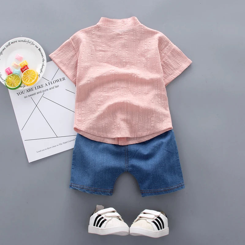 Boys Cartoon Shirt & Denim Shorts Summer Outfit Set