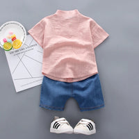 Boys Cartoon Shirt & Denim Shorts Summer Outfit Set