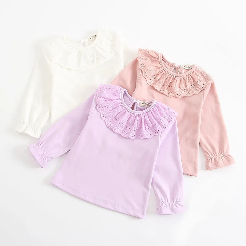 Baby Girls Lace Long-Sleeve Blouse | Cotton & Linen, All-Season Top, Ages 0–24M