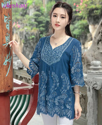 Vintage Embroidered Boho Blouse – V-Neck Petal Sleeve Loose Women's Top