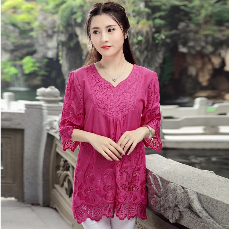 Vintage Embroidered Boho Blouse – V-Neck Petal Sleeve Loose Women's Top