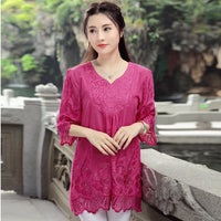 Vintage Embroidered Boho Blouse – V-Neck Petal Sleeve Loose Women's Top