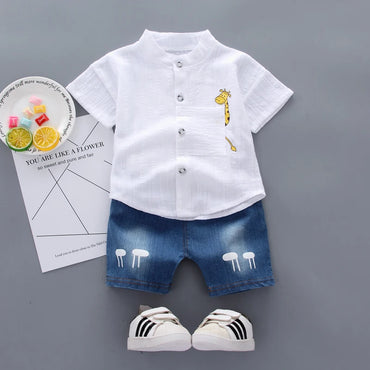 Boys Cartoon Shirt & Denim Shorts Summer Outfit Set
