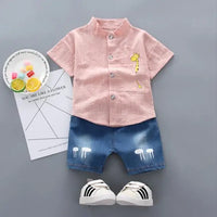 Boys Cartoon Shirt & Denim Shorts Summer Outfit Set