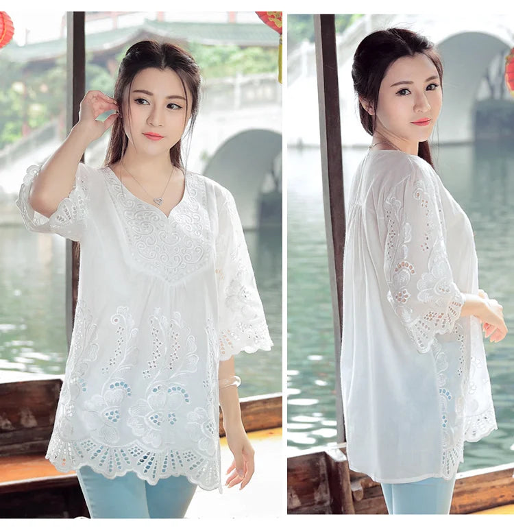 Vintage Embroidered Boho Blouse – V-Neck Petal Sleeve Loose Women's Top