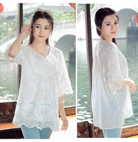 Vintage Embroidered Boho Blouse – V-Neck Petal Sleeve Loose Women's Top