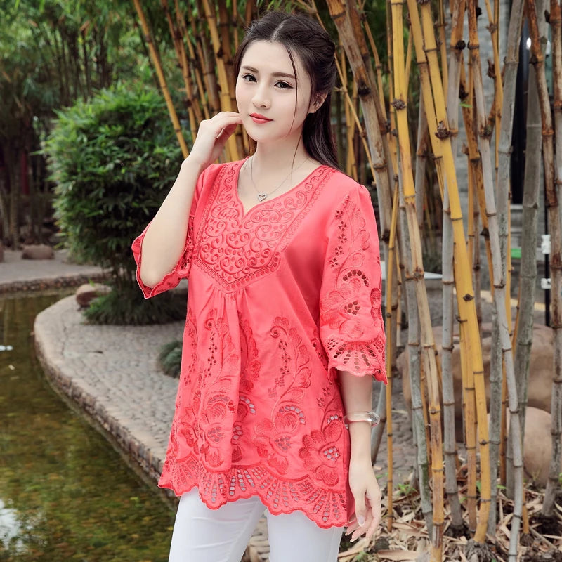 Vintage Embroidered Boho Blouse – V-Neck Petal Sleeve Loose Women's Top