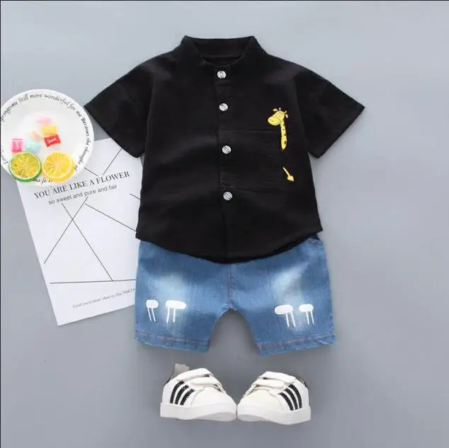 Boys Cartoon Shirt & Denim Shorts Summer Outfit Set