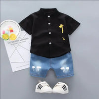 Boys Cartoon Shirt & Denim Shorts Summer Outfit Set