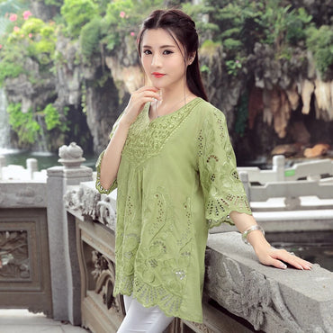 Vintage Embroidered Boho Blouse – V-Neck Petal Sleeve Loose Women's Top