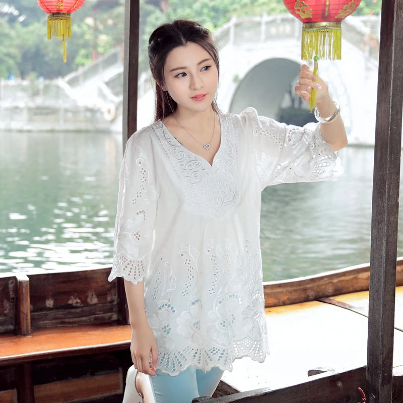 Vintage Embroidered Boho Blouse – V-Neck Petal Sleeve Loose Women's Top