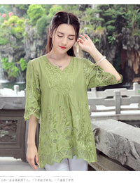 Vintage Embroidered Boho Blouse – V-Neck Petal Sleeve Loose Women's Top