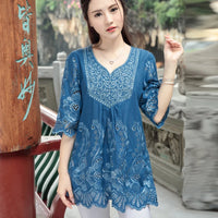 Vintage Embroidered Boho Blouse – V-Neck Petal Sleeve Loose Women's Top