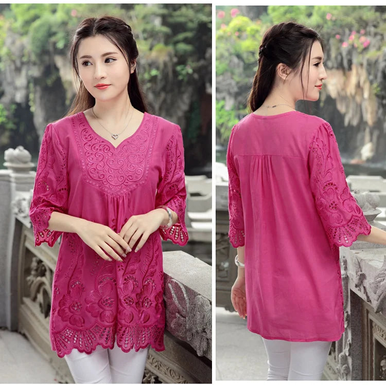 Vintage Embroidered Boho Blouse – V-Neck Petal Sleeve Loose Women's Top