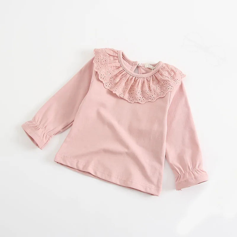 Baby Girls Lace Long-Sleeve Blouse | Cotton & Linen, All-Season Top, Ages 0–24M