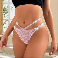 Sexy Lace Low-Rise Thong – Floral Hollow-Out Design with Silver Ribbon Detail