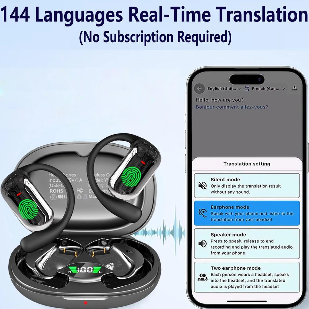 AI Translator Earbuds – 144 Languages, OLED Display, Bluetooth 5.4, CE/FCC Certified | Travel & Business