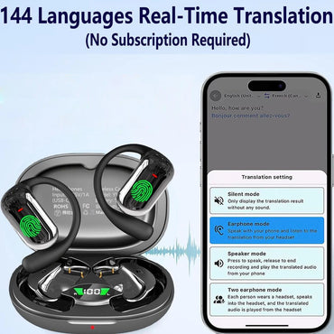 AI Translator Earbuds – 144 Languages, OLED Display, Bluetooth 5.4, CE/FCC Certified | Travel & Business