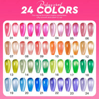 24-Color Neon Jelly Cat Eye Gel Polish Set — Moonlight Glitter, Vegan & HEMA-Free, 15ml