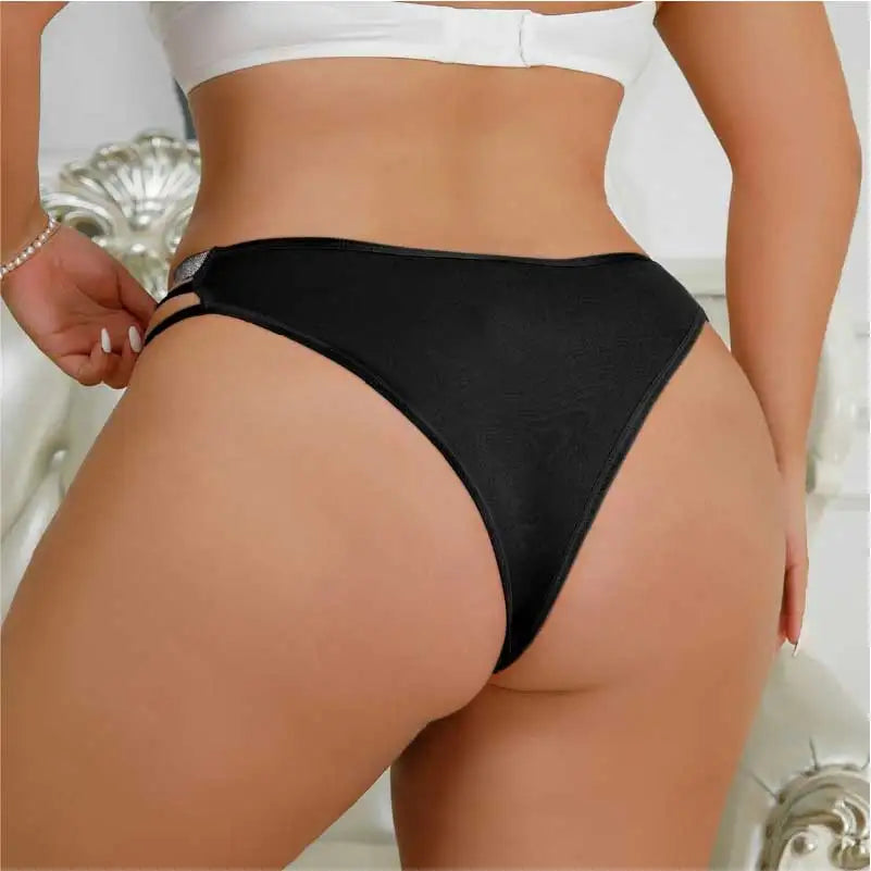 Black Shimmer Strap T-Back Thong – Heart Metal Ring Double Band Low-Rise Panties