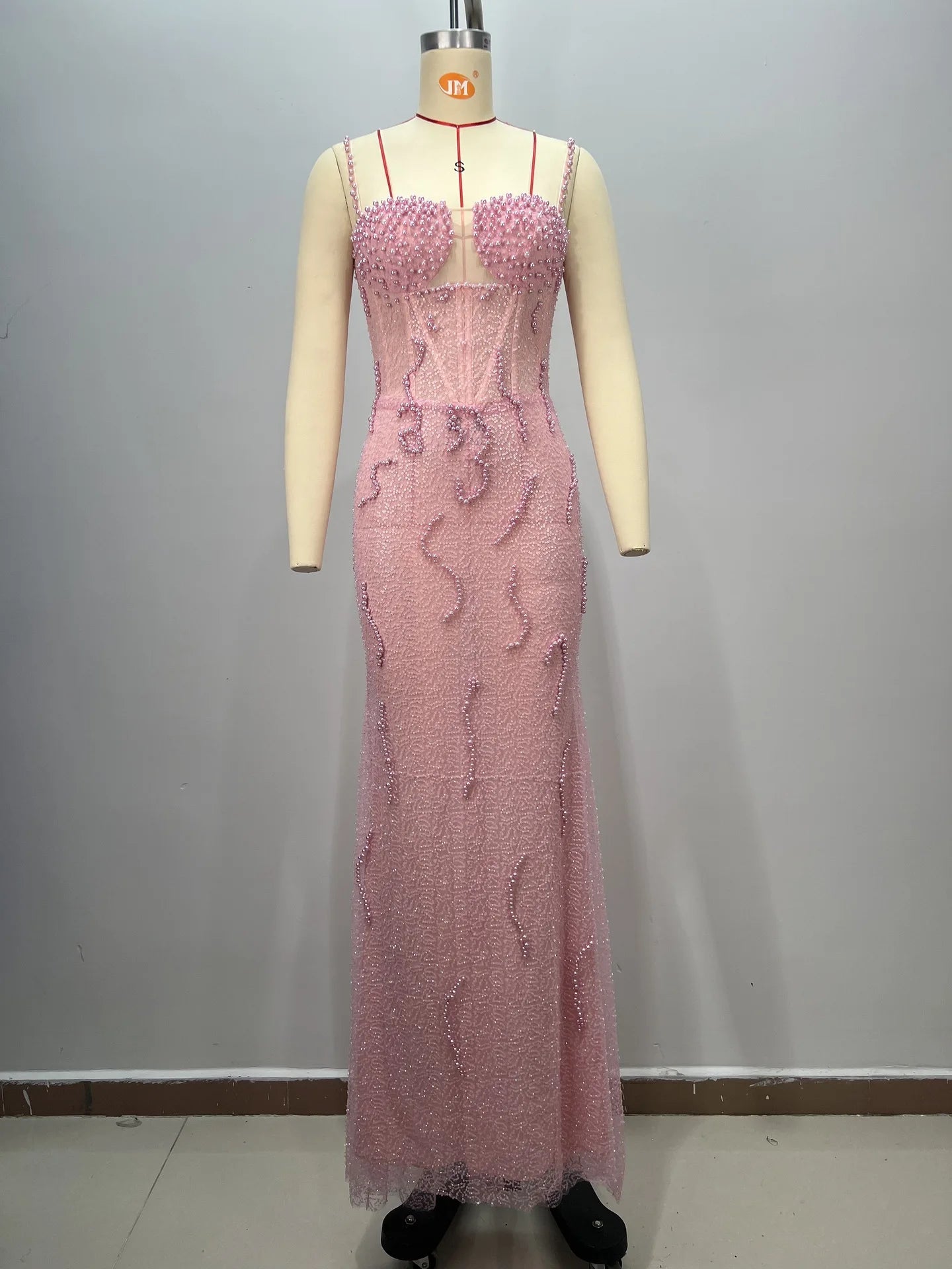Beaded Sequin Mermaid Gown - Backless Evening Dress with Pearls