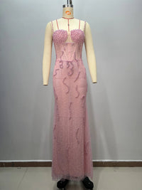 Beaded Sequin Mermaid Gown - Backless Evening Dress with Pearls