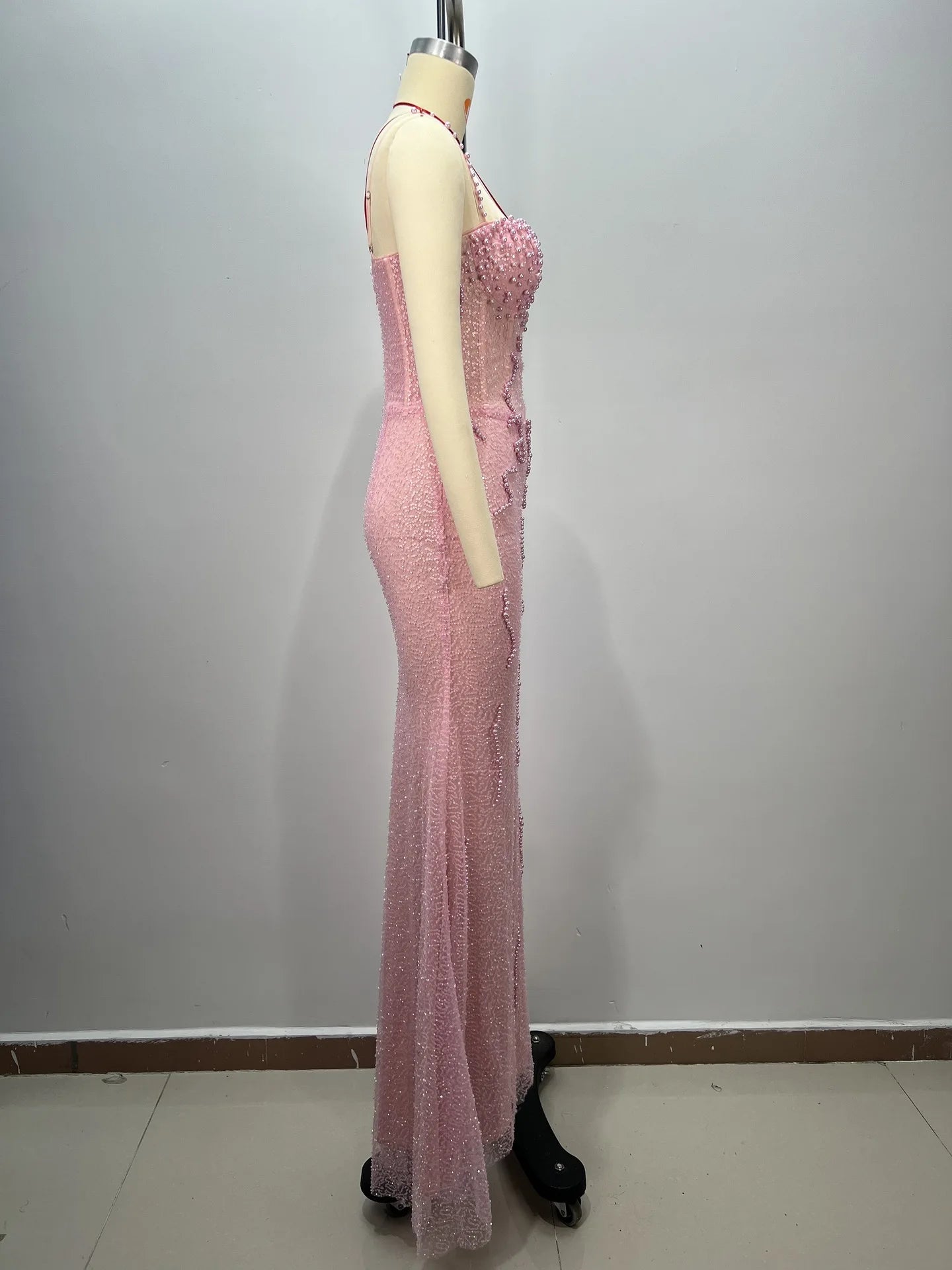 Beaded Sequin Mermaid Gown - Backless Evening Dress with Pearls